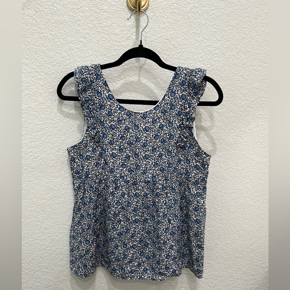 Sézane Sezane Floral Blue White Sleeveless Ruffle Blouse Size 4